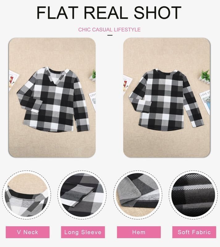 Dokotoo Womens Basic Casual V Neck Plaid Print Cuffed Long Sleeve Work Tops Blouses Shirts S-3XL - Image 13