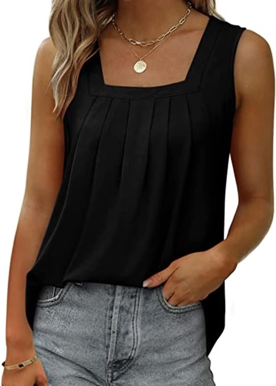 AIMITAG Color Block Ruffled Square Collar Tank Top Women Striped Tank Tee Summer Casual Loose Fit Sleeveless Shirt - Image 8