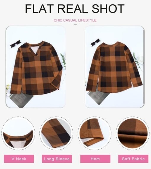 Dokotoo Womens Basic Casual V Neck Plaid Print Cuffed Long Sleeve Work Tops Blouses Shirts S-3XL - Image 9
