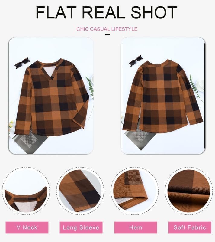 Dokotoo Womens Basic Casual V Neck Plaid Print Cuffed Long Sleeve Work Tops Blouses Shirts S-3XL - Image 9