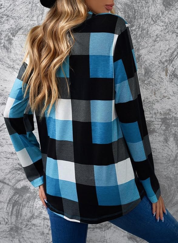 Dokotoo Womens Basic Casual V Neck Plaid Print Cuffed Long Sleeve Work Tops Blouses Shirts S-3XL - Image 2