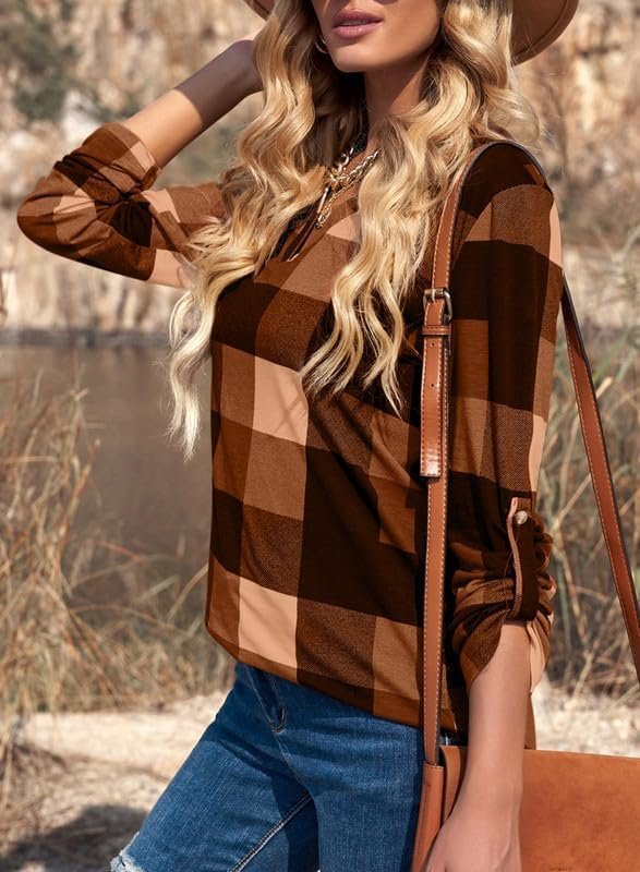 Dokotoo Womens Basic Casual V Neck Plaid Print Cuffed Long Sleeve Work Tops Blouses Shirts S-3XL - Image 8