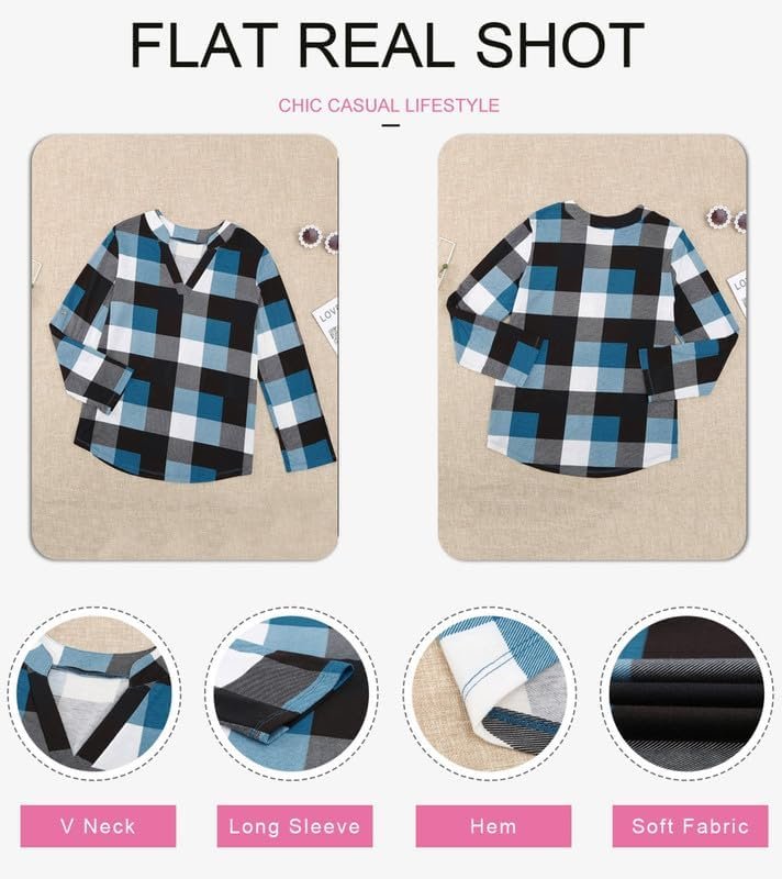 Dokotoo Womens Basic Casual V Neck Plaid Print Cuffed Long Sleeve Work Tops Blouses Shirts S-3XL - Image 4