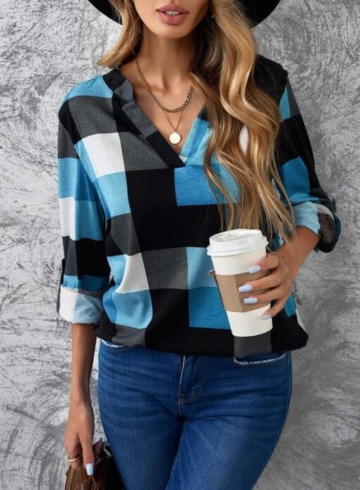 Dokotoo Womens Basic Casual V Neck Plaid Print Cuffed Long Sleeve Work Tops Blouses Shirts S-3XL - Image 3