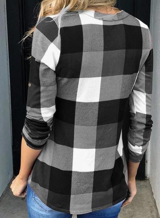 Dokotoo Womens Basic Casual V Neck Plaid Print Cuffed Long Sleeve Work Tops Blouses Shirts S-3XL - Image 15