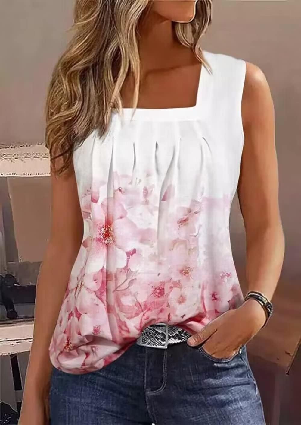 AIMITAG Color Block Ruffled Square Collar Tank Top Women Striped Tank Tee Summer Casual Loose Fit Sleeveless Shirt - Image 3