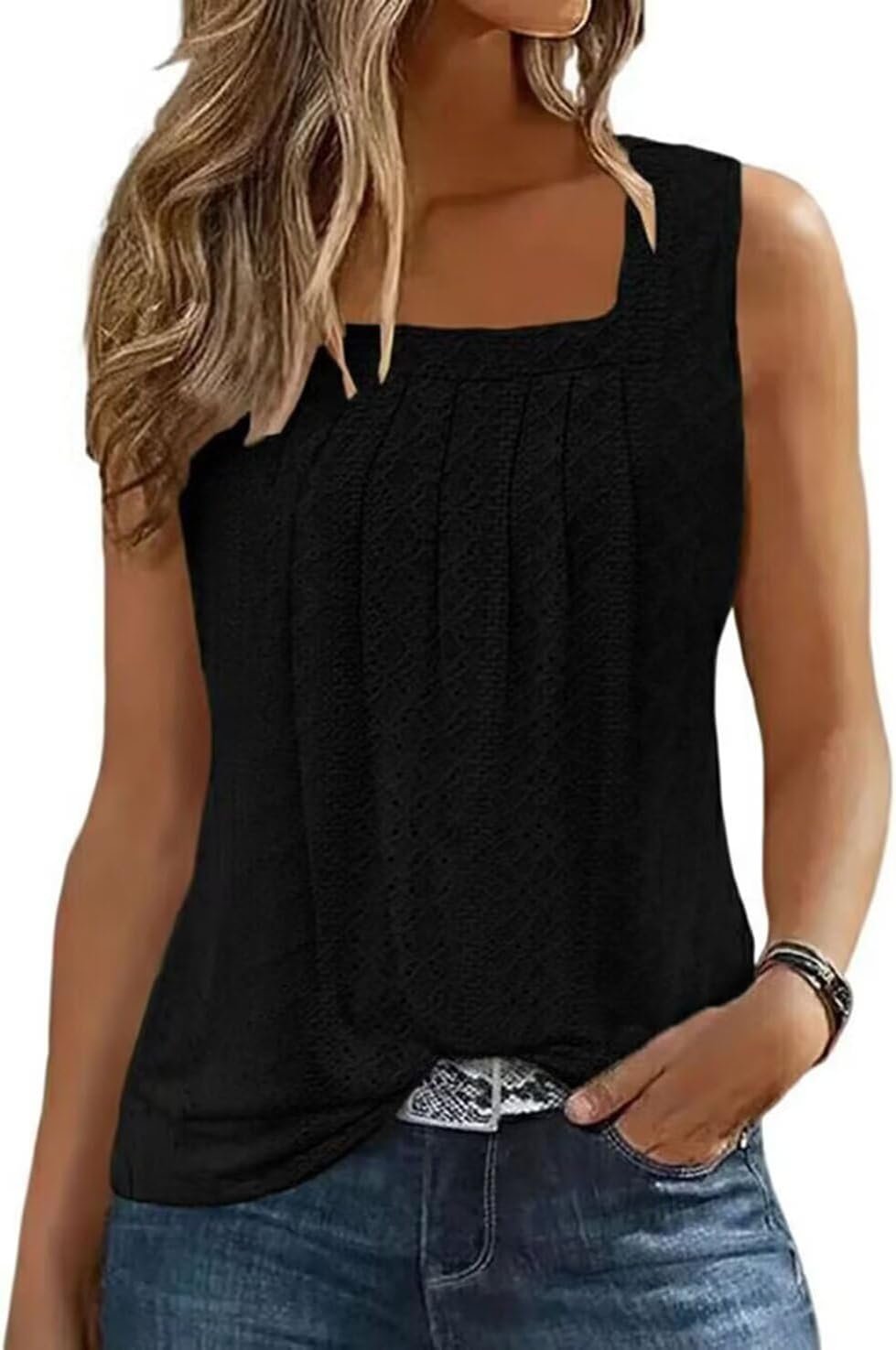 AIMITAG Color Block Ruffled Square Collar Tank Top Women Striped Tank Tee Summer Casual Loose Fit Sleeveless Shirt - Image 12