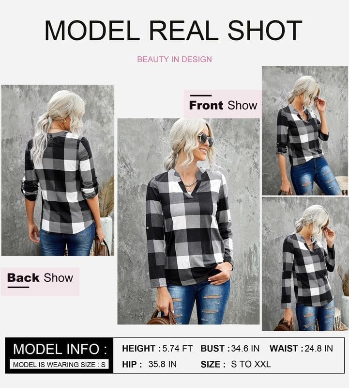 Dokotoo Womens Basic Casual V Neck Plaid Print Cuffed Long Sleeve Work Tops Blouses Shirts S-3XL - Image 12