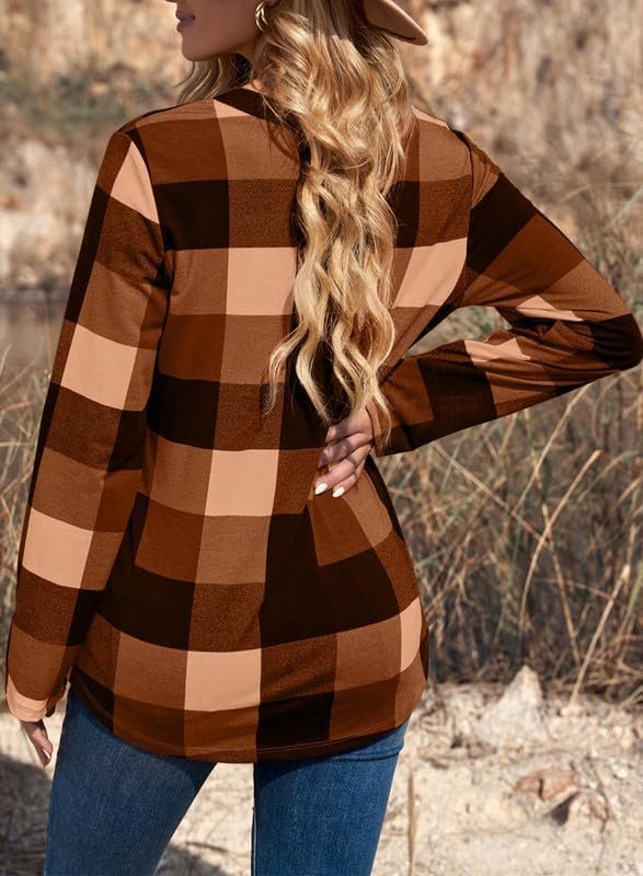 Dokotoo Womens Basic Casual V Neck Plaid Print Cuffed Long Sleeve Work Tops Blouses Shirts S-3XL - Image 7