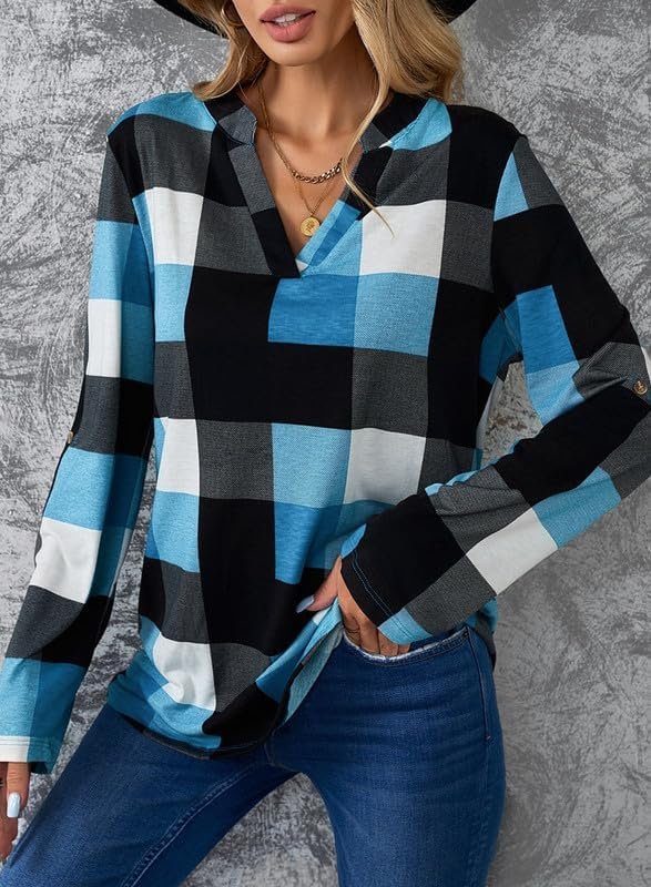 Dokotoo Womens Basic Casual V Neck Plaid Print Cuffed Long Sleeve Work Tops Blouses Shirts S-3XL - Image 5