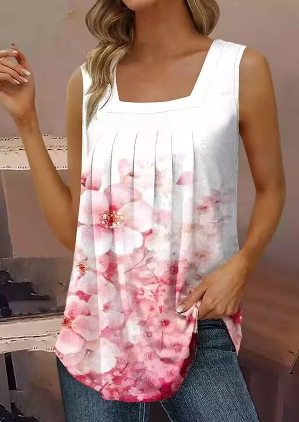 AIMITAG Color Block Ruffled Square Collar Tank Top Women Striped Tank Tee Summer Casual Loose Fit Sleeveless Shirt - Image 4