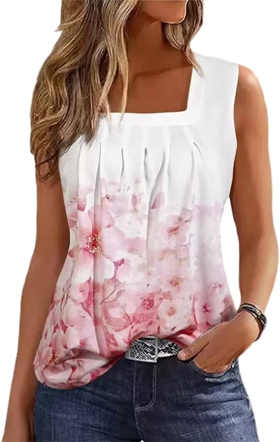AIMITAG Color Block Ruffled Square Collar Tank Top Women Striped Tank Tee Summer Casual Loose Fit Sleeveless Shirt - Image 2