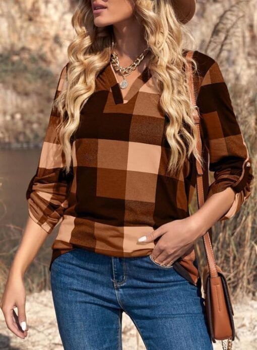Dokotoo Womens Basic Casual V Neck Plaid Print Cuffed Long Sleeve Work Tops Blouses Shirts S-3XL - Image 10