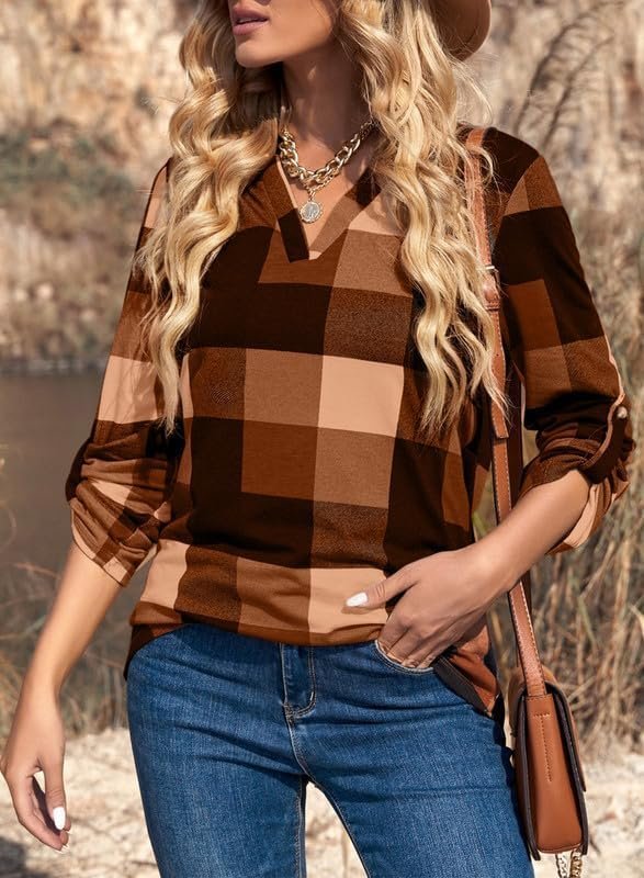 Dokotoo Womens Basic Casual V Neck Plaid Print Cuffed Long Sleeve Work Tops Blouses Shirts S-3XL - Image 10