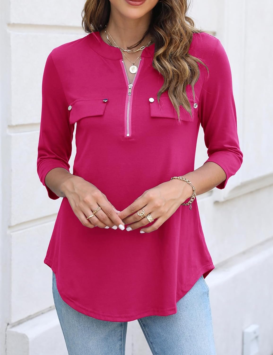 Halife Women's 3/4 Length Sleeve V Neck Flowy Tunic Blouses Work Tops Shirts with Zippers - Image 12