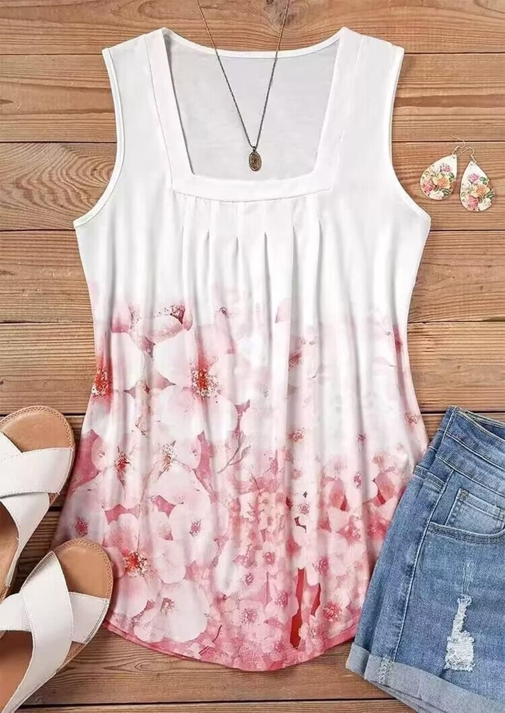 AIMITAG Color Block Ruffled Square Collar Tank Top Women Striped Tank Tee Summer Casual Loose Fit Sleeveless Shirt - Image 5