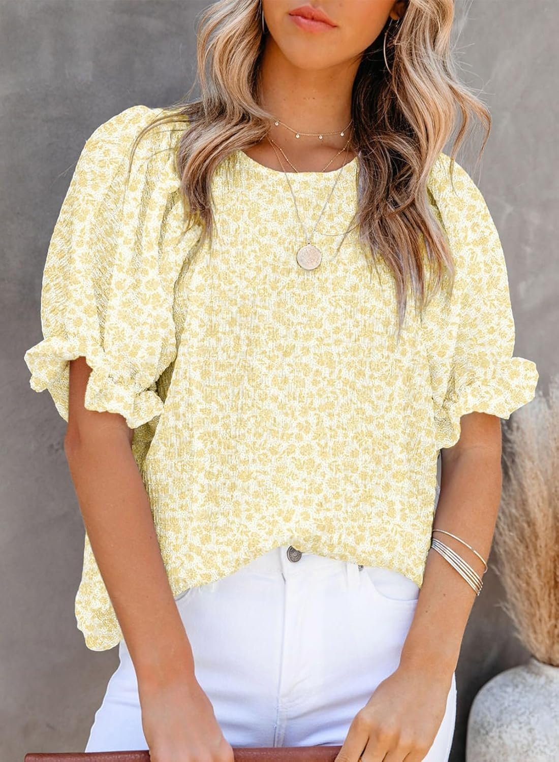 Dokotoo Floral Print Blouses for Women Crewneck Smocked Puff Sleeve Shirts Casual Babydoll Tops - Image 16