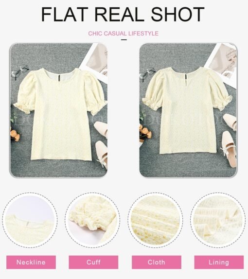 Dokotoo Floral Print Blouses for Women Crewneck Smocked Puff Sleeve Shirts Casual Babydoll Tops - Image 19