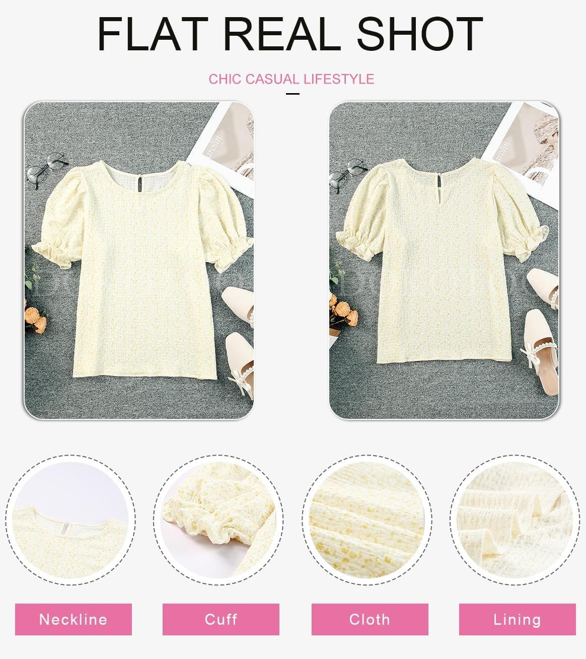 Dokotoo Floral Print Blouses for Women Crewneck Smocked Puff Sleeve Shirts Casual Babydoll Tops - Image 19