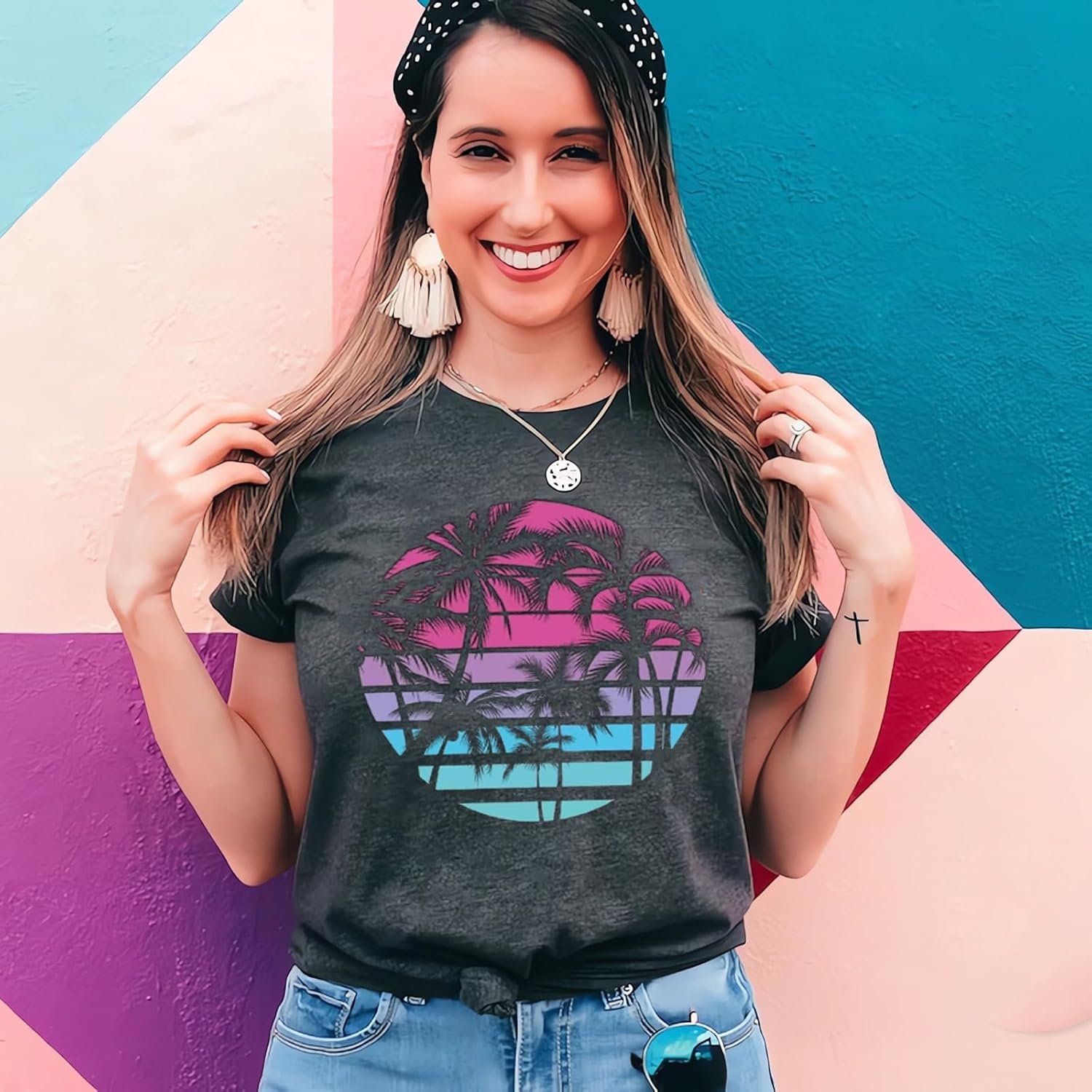 Hawaiian Shirts for Women Palm Trees Beach Graphic Tee Tops Summer Vacation Short Sleeve Tshirt Tops - Image 13