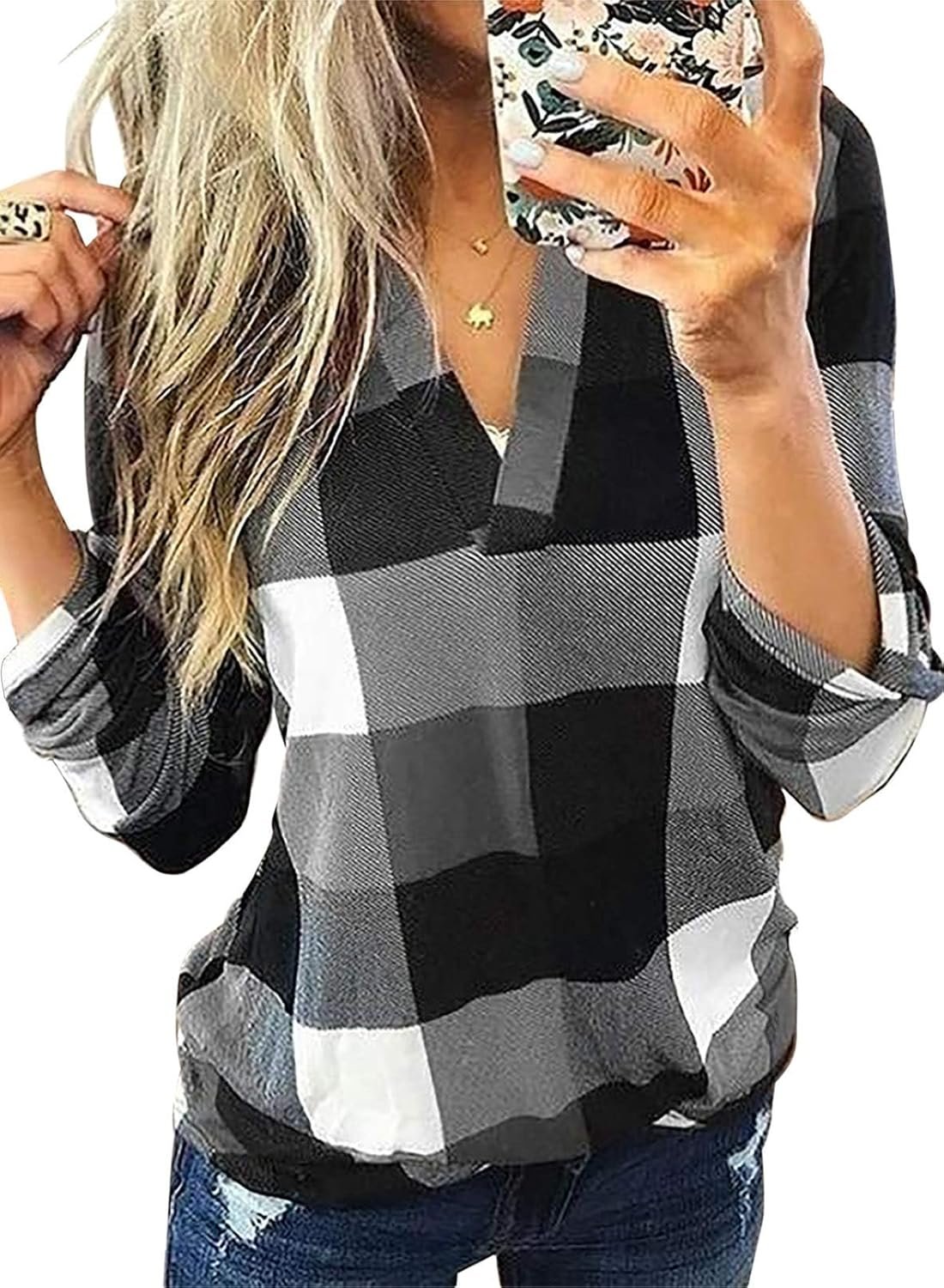 Dokotoo Womens Basic Casual V Neck Plaid Print Cuffed Long Sleeve Work Tops Blouses Shirts S-3XL - Image 11