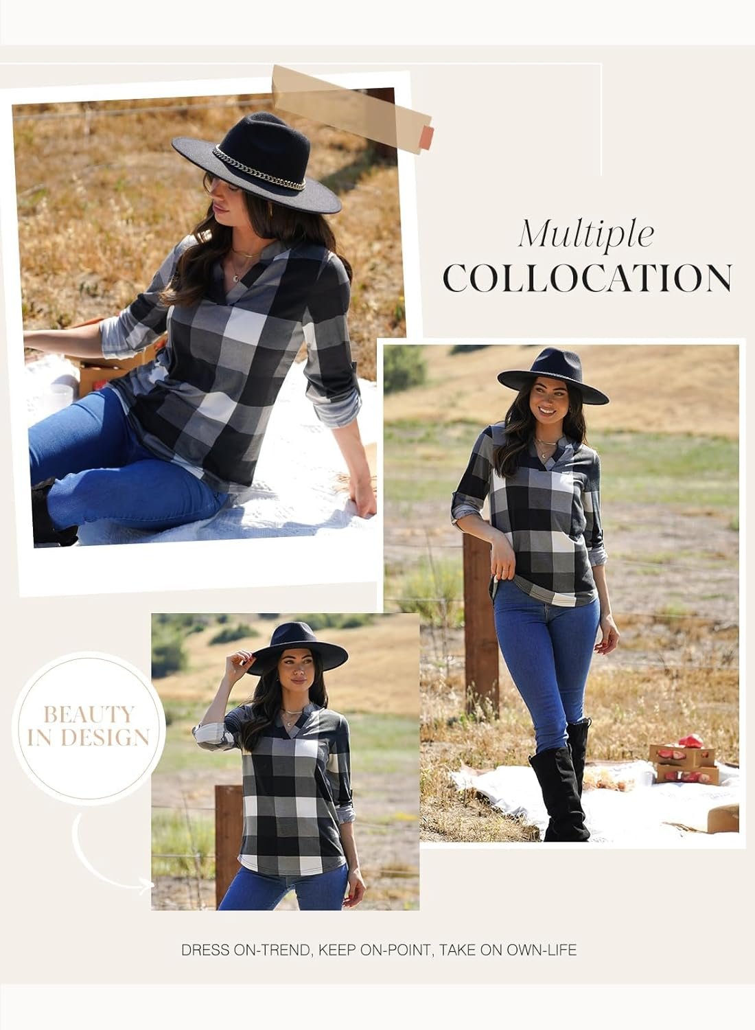 Dokotoo Womens Basic Casual V Neck Plaid Print Cuffed Long Sleeve Work Tops Blouses Shirts S-3XL - Image 14