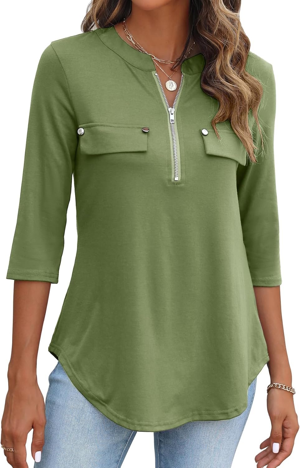Halife Women's 3/4 Length Sleeve V Neck Flowy Tunic Blouses Work Tops Shirts with Zippers - Image 6