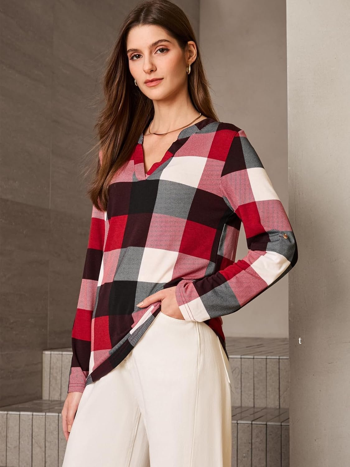 Dokotoo Womens Basic Casual V Neck Plaid Print Cuffed Long Sleeve Work Tops Blouses Shirts S-3XL - Image 20