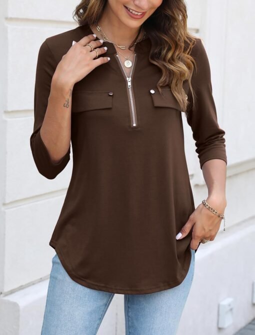Halife Women's 3/4 Length Sleeve V Neck Flowy Tunic Blouses Work Tops Shirts with Zippers - Image 4