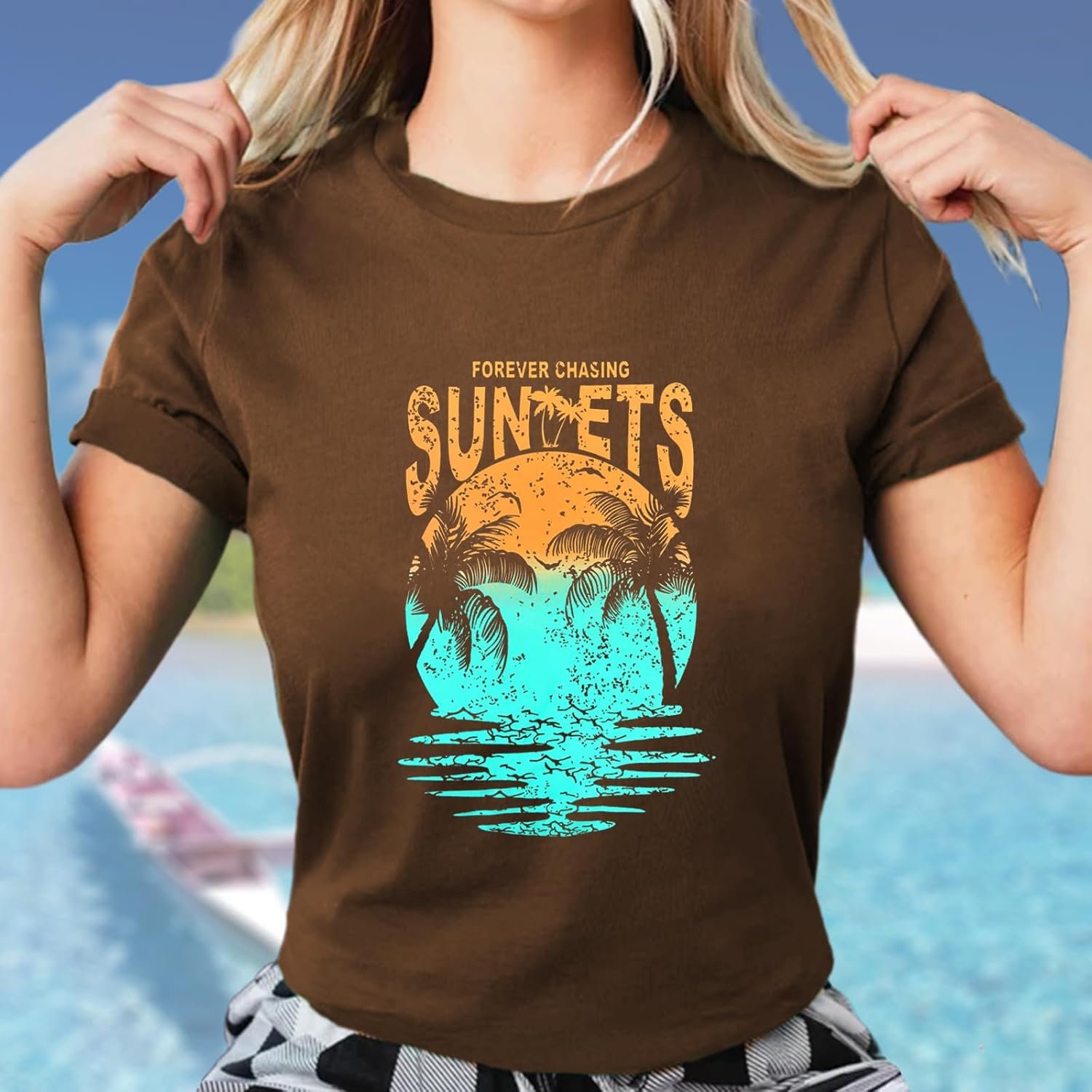 Hawaiian Shirts for Women Palm Trees Beach Graphic Tee Tops Summer Vacation Short Sleeve Tshirt Tops - Image 30