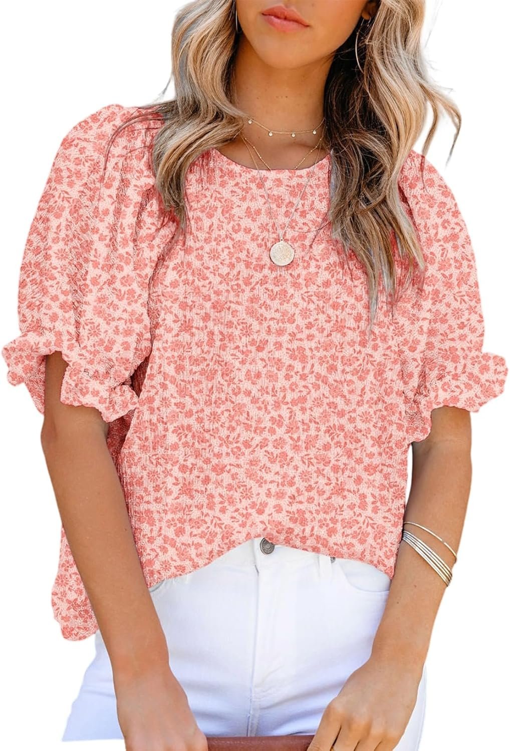 Dokotoo Floral Print Blouses for Women Crewneck Smocked Puff Sleeve Shirts Casual Babydoll Tops