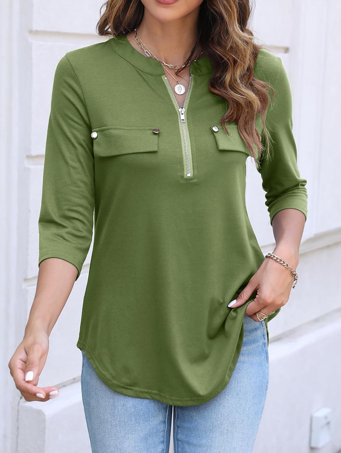 Halife Women's 3/4 Length Sleeve V Neck Flowy Tunic Blouses Work Tops Shirts with Zippers - Image 7