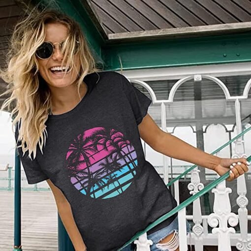 Hawaiian Shirts for Women Palm Trees Beach Graphic Tee Tops Summer Vacation Short Sleeve Tshirt Tops - Image 14