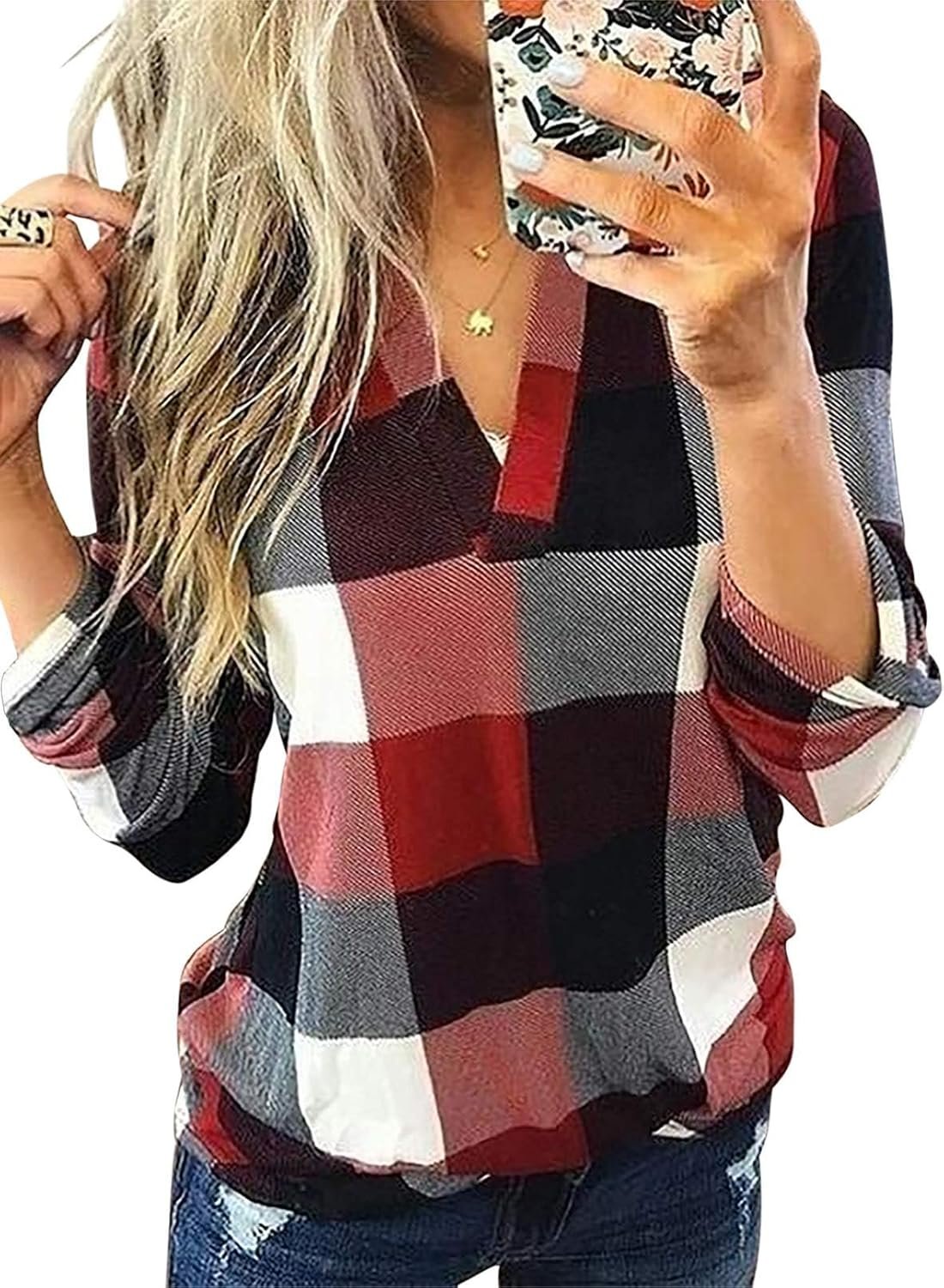 Dokotoo Womens Basic Casual V Neck Plaid Print Cuffed Long Sleeve Work Tops Blouses Shirts S-3XL - Image 16