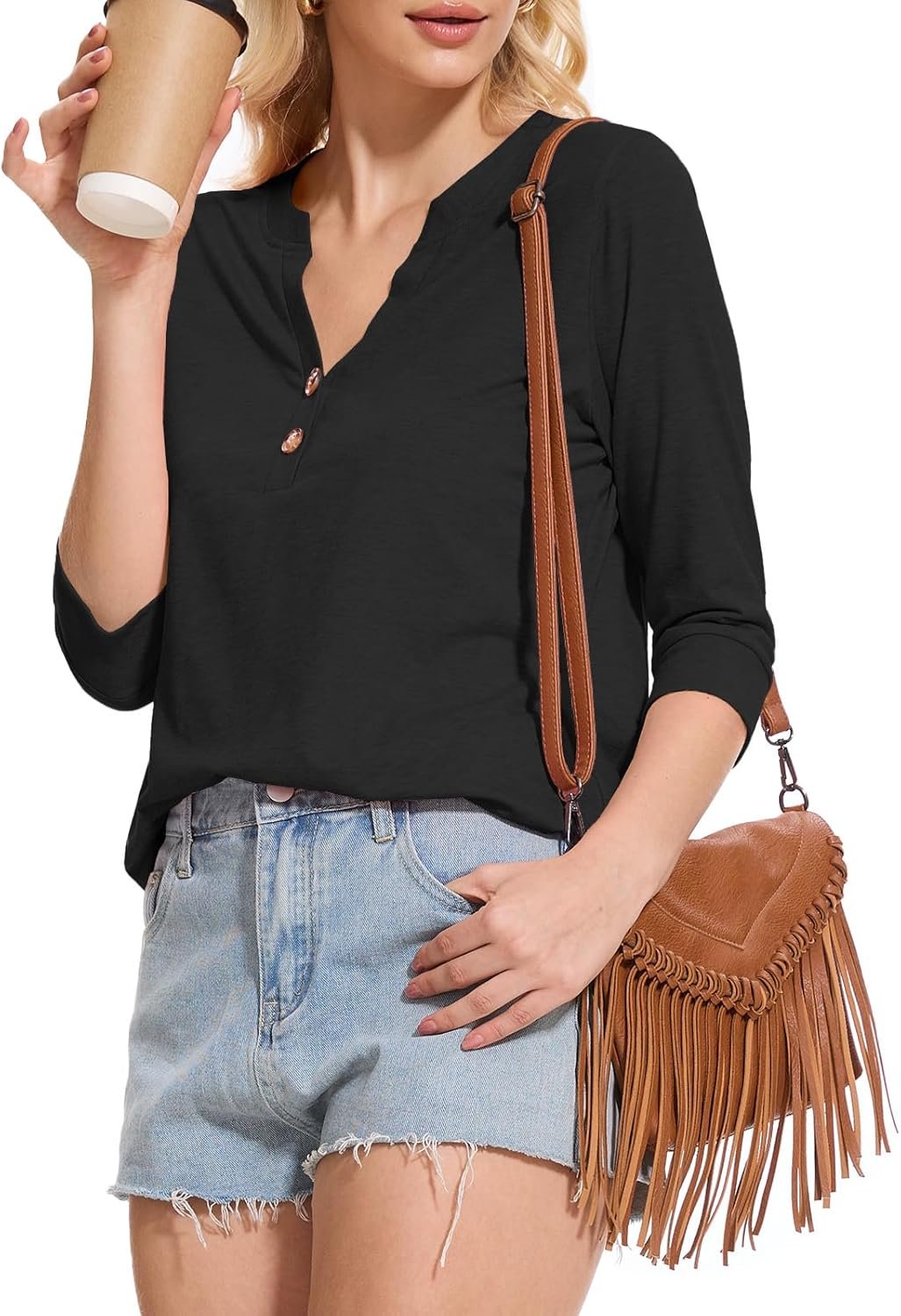 Dimur Womens Tops 3/4 Sleeve V Neck Button Down Shirts Business Casual Outfit Basic Tees Summer Top 2025 - Image 19