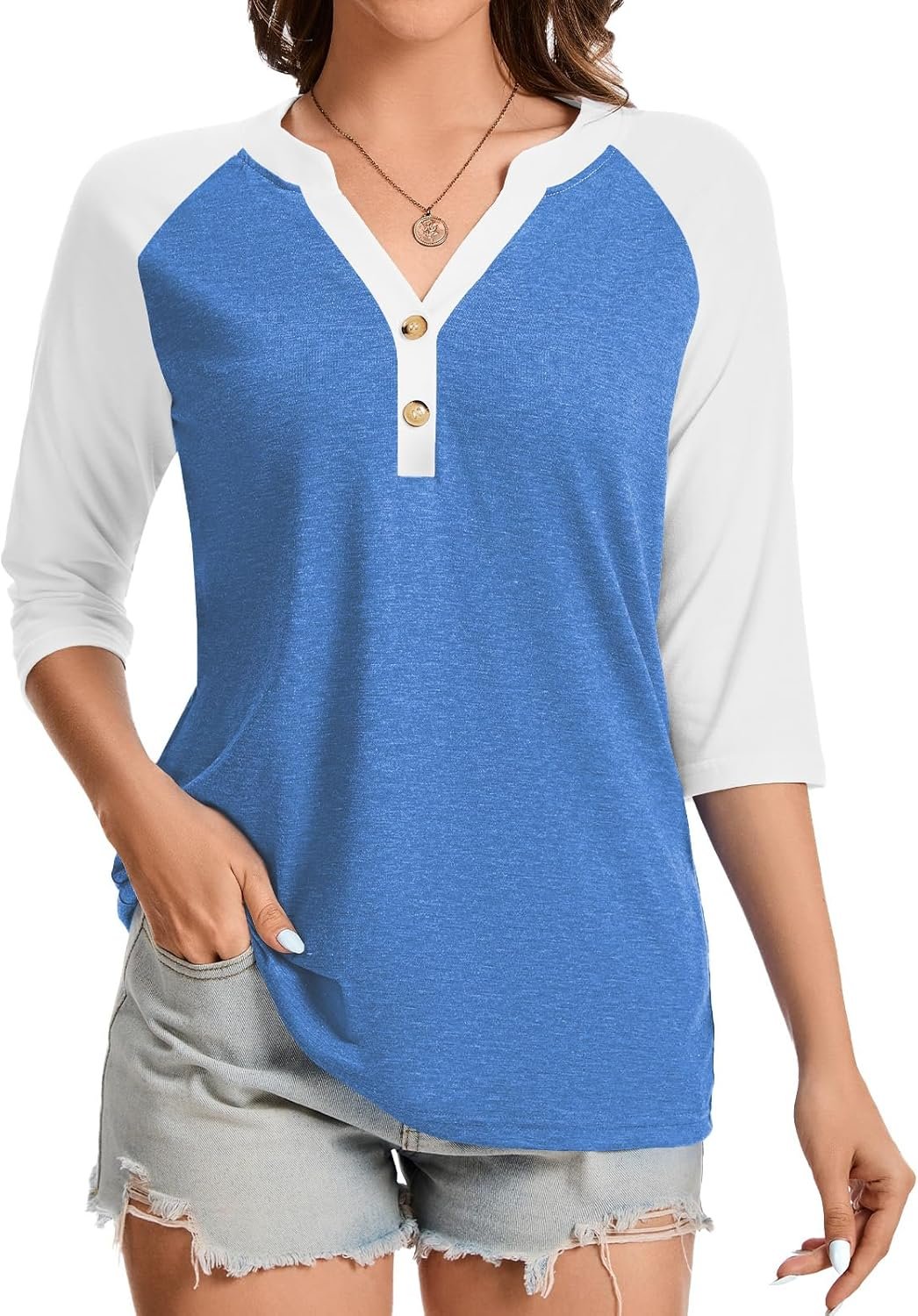 Dimur Womens Tops 3/4 Sleeve V Neck Button Down Shirts Business Casual Outfit Basic Tees Summer Top 2025 - Image 2