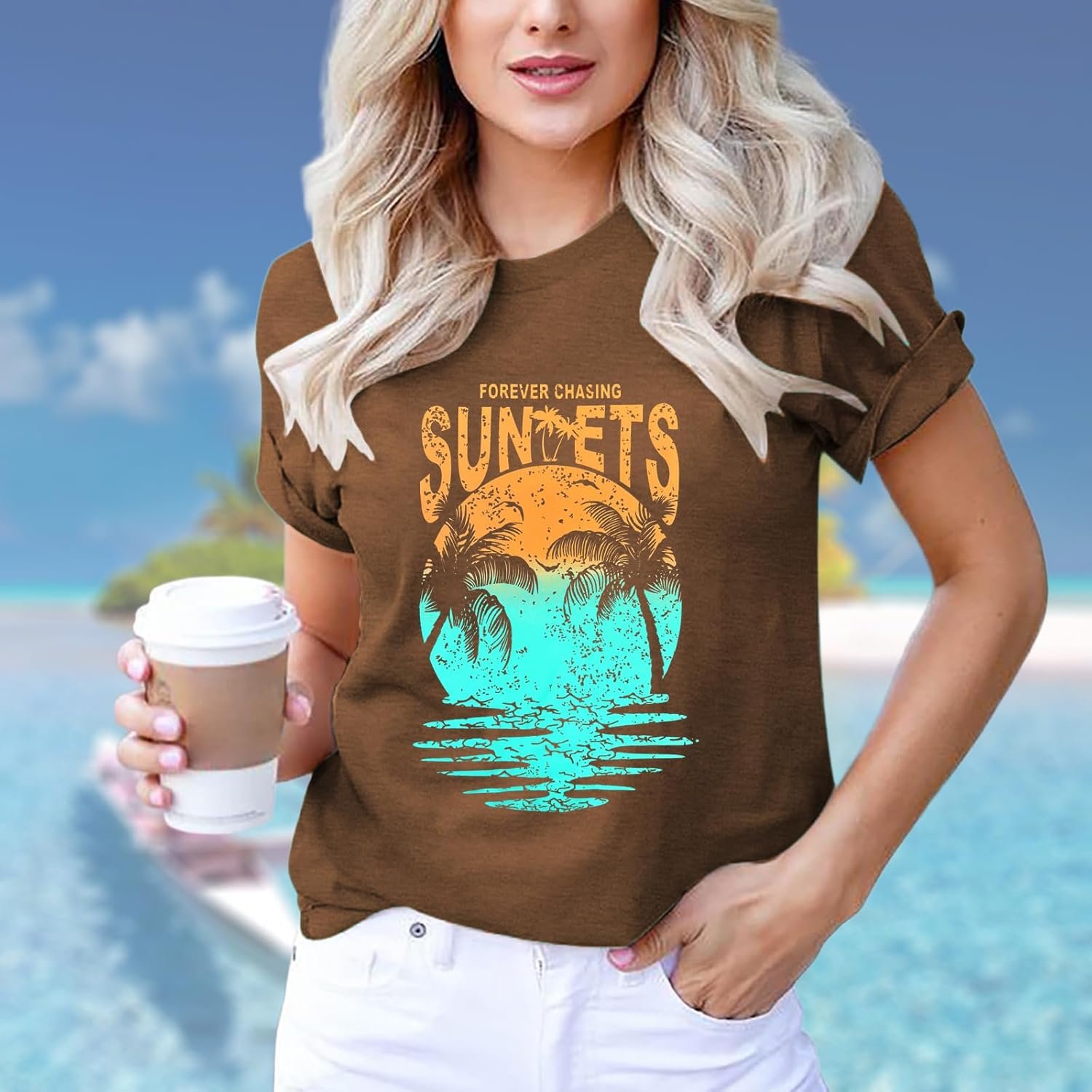 Hawaiian Shirts for Women Palm Trees Beach Graphic Tee Tops Summer Vacation Short Sleeve Tshirt Tops - Image 28
