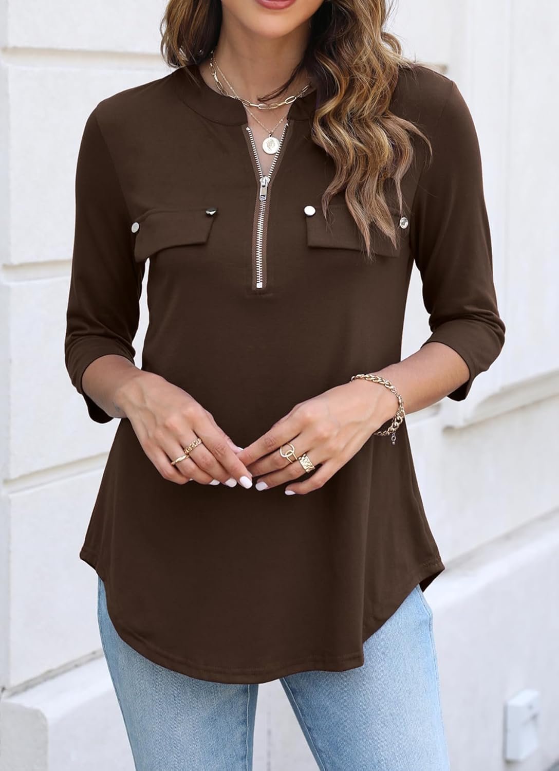 Halife Women's 3/4 Length Sleeve V Neck Flowy Tunic Blouses Work Tops Shirts with Zippers - Image 3