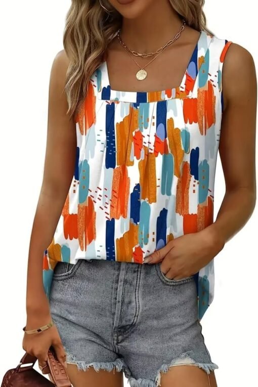 AIMITAG Color Block Ruffled Square Collar Tank Top Women Striped Tank Tee Summer Casual Loose Fit Sleeveless Shirt - Image 16