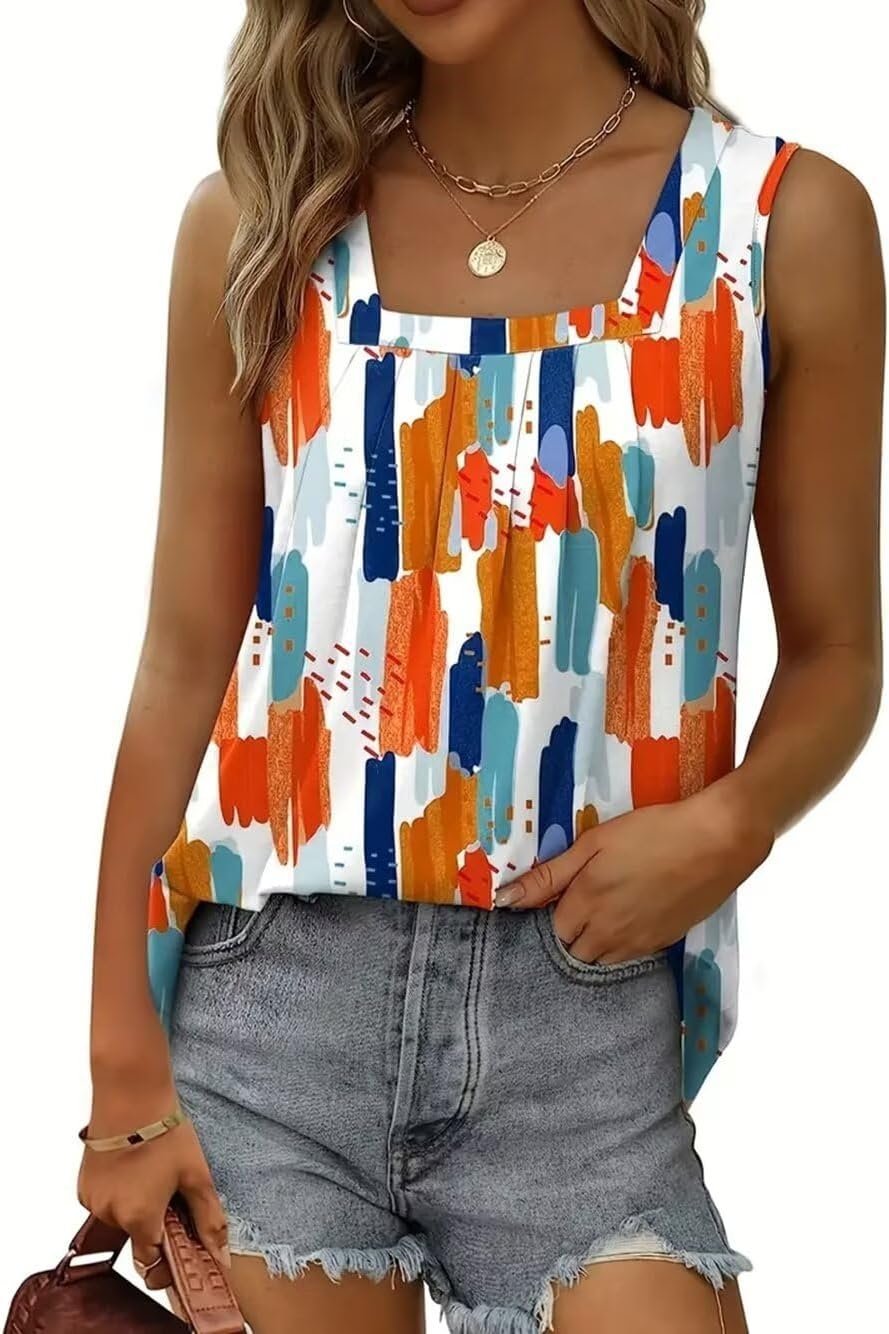 AIMITAG Color Block Ruffled Square Collar Tank Top Women Striped Tank Tee Summer Casual Loose Fit Sleeveless Shirt - Image 16