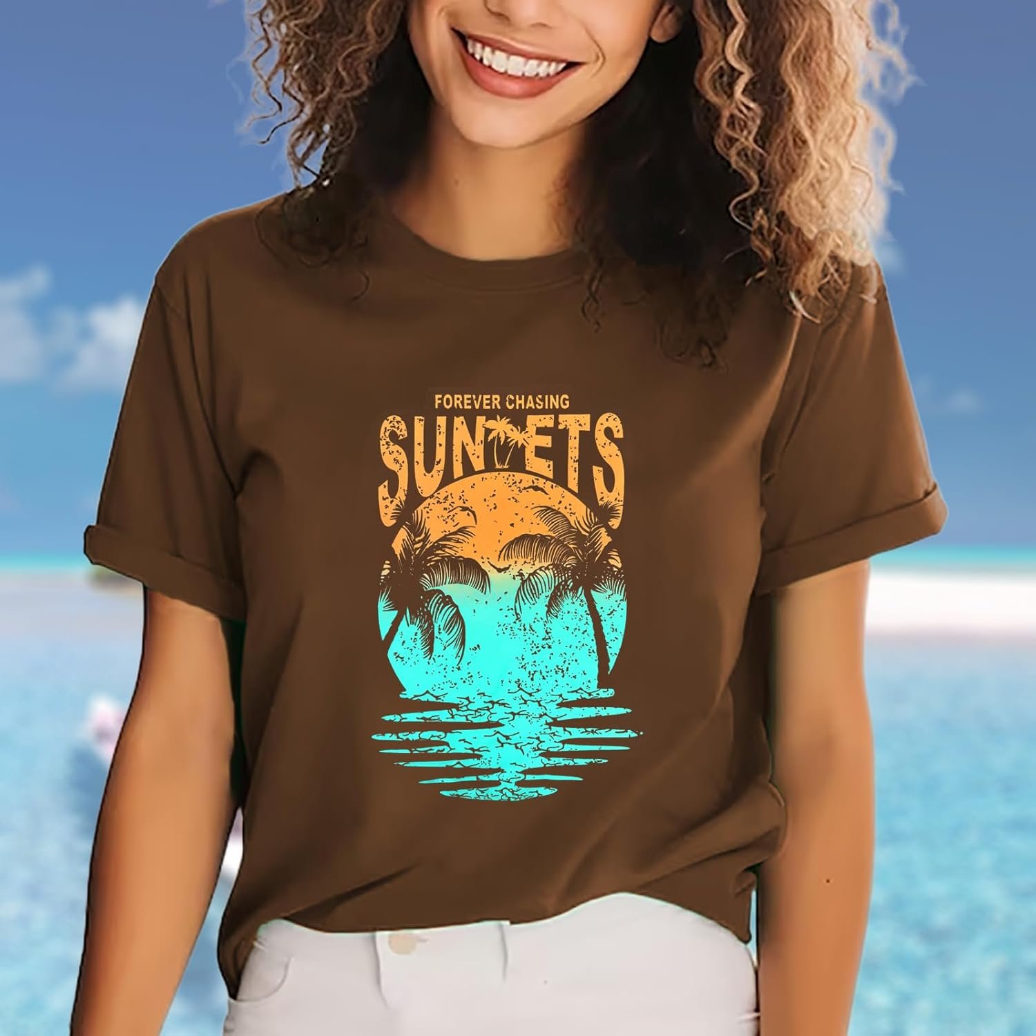 Hawaiian Shirts for Women Palm Trees Beach Graphic Tee Tops Summer Vacation Short Sleeve Tshirt Tops - Image 29