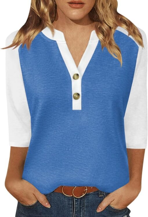 Dimur Womens Tops 3/4 Sleeve V Neck Button Down Shirts Business Casual Outfit Basic Tees Summer Top 2025