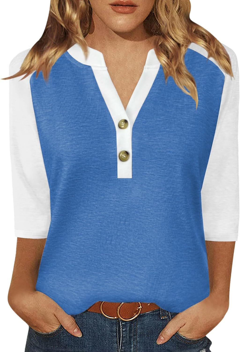 Dimur Womens Tops 3/4 Sleeve V Neck Button Down Shirts Business Casual Outfit Basic Tees Summer Top 2025
