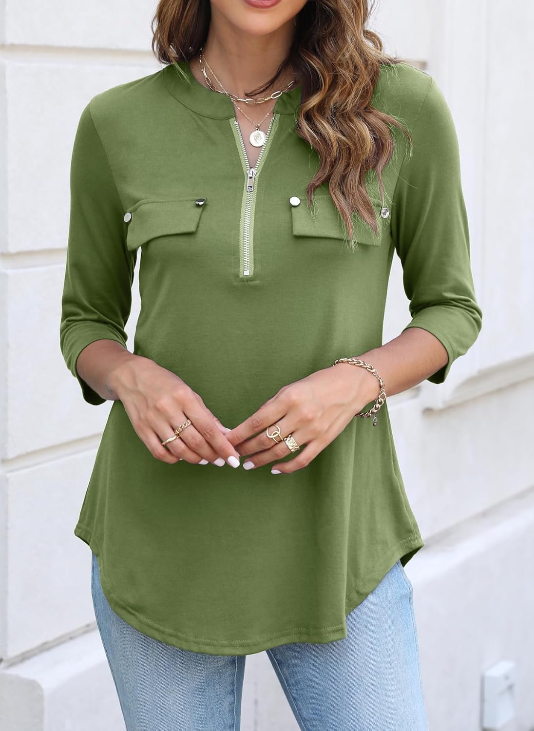 Halife Women's 3/4 Length Sleeve V Neck Flowy Tunic Blouses Work Tops Shirts with Zippers - Image 8