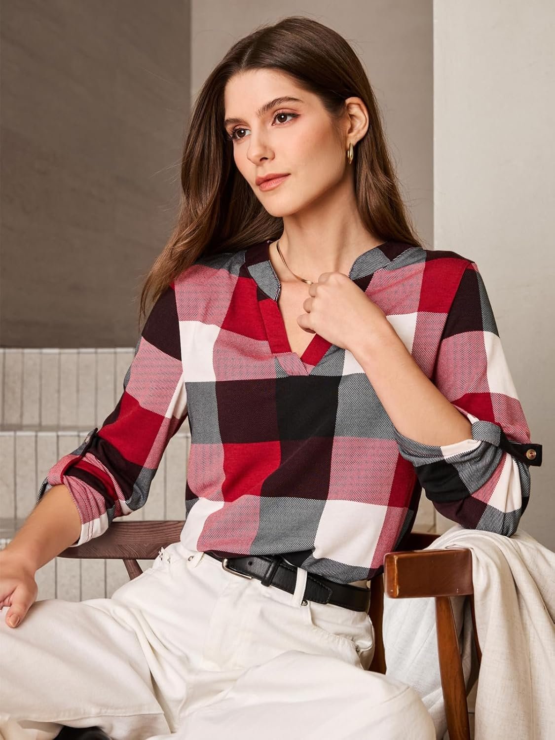 Dokotoo Womens Basic Casual V Neck Plaid Print Cuffed Long Sleeve Work Tops Blouses Shirts S-3XL - Image 17