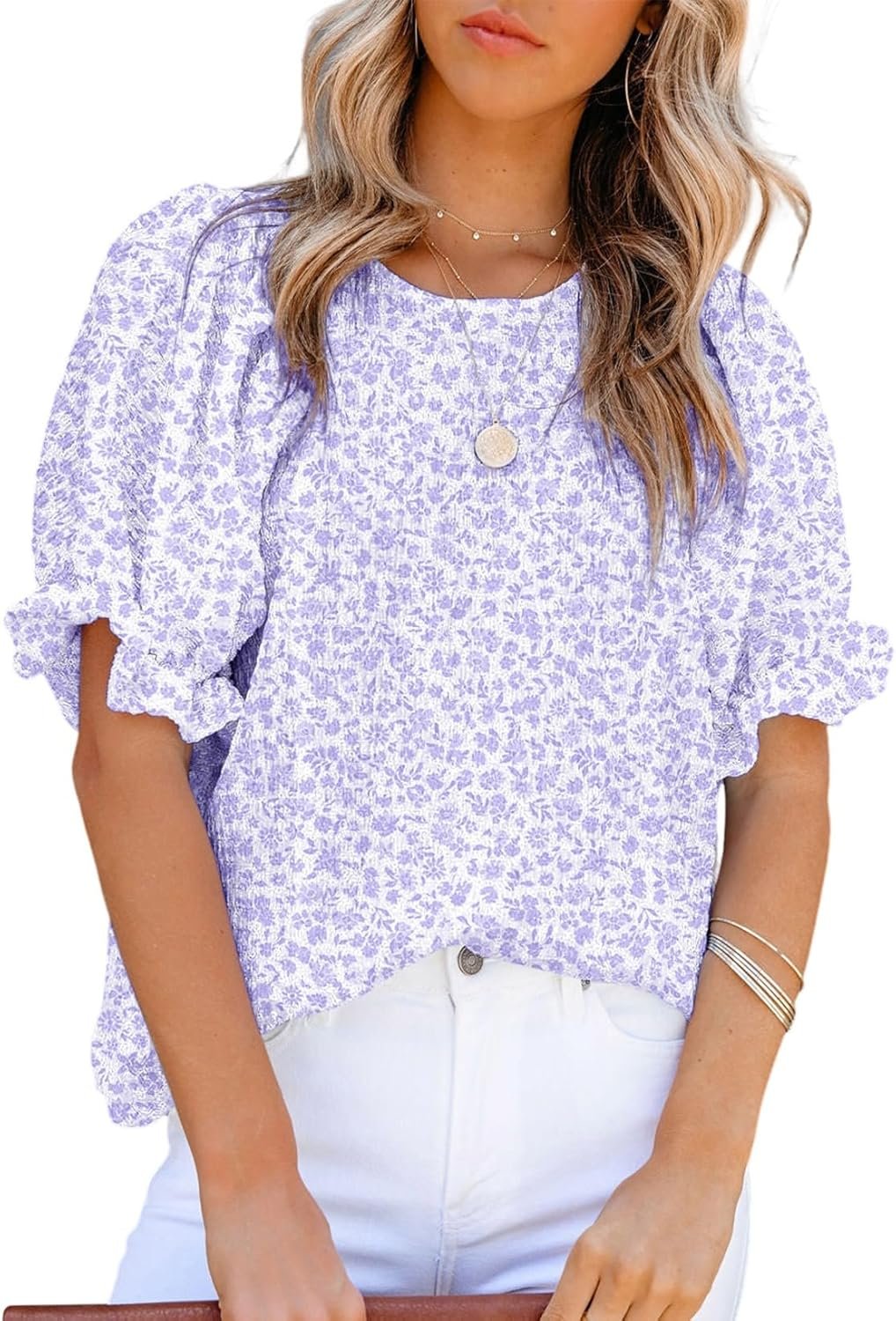 Dokotoo Floral Print Blouses for Women Crewneck Smocked Puff Sleeve Shirts Casual Babydoll Tops - Image 8