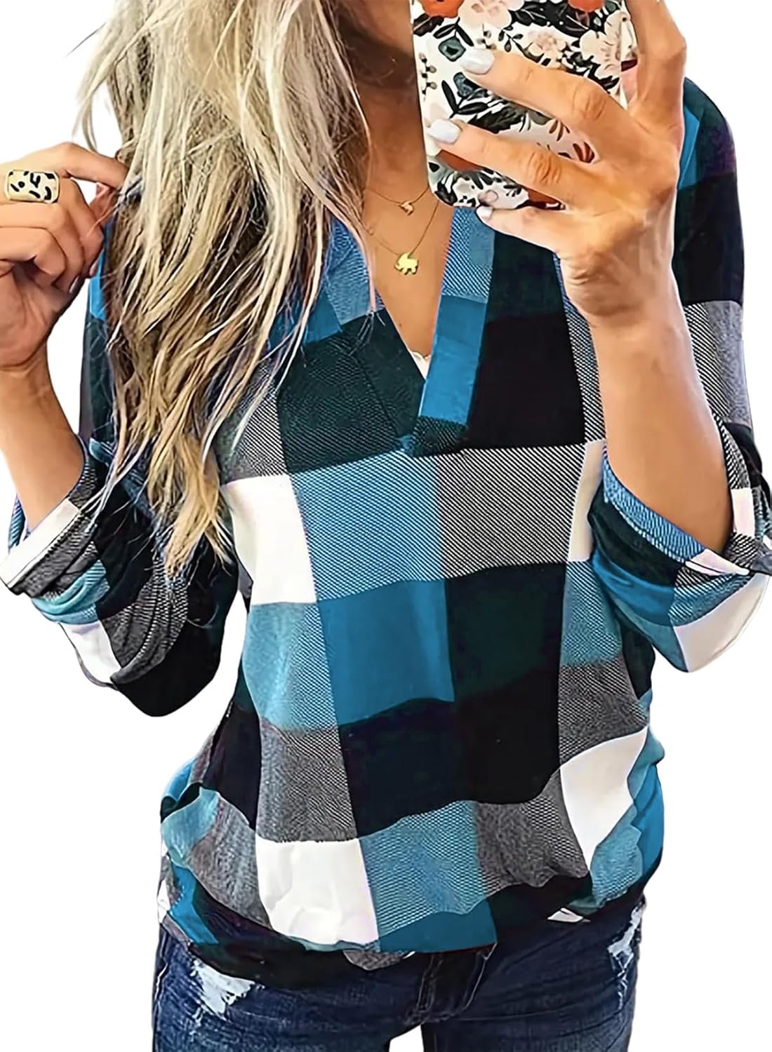 Dokotoo Womens Basic Casual V Neck Plaid Print Cuffed Long Sleeve Work Tops Blouses Shirts S-3XL