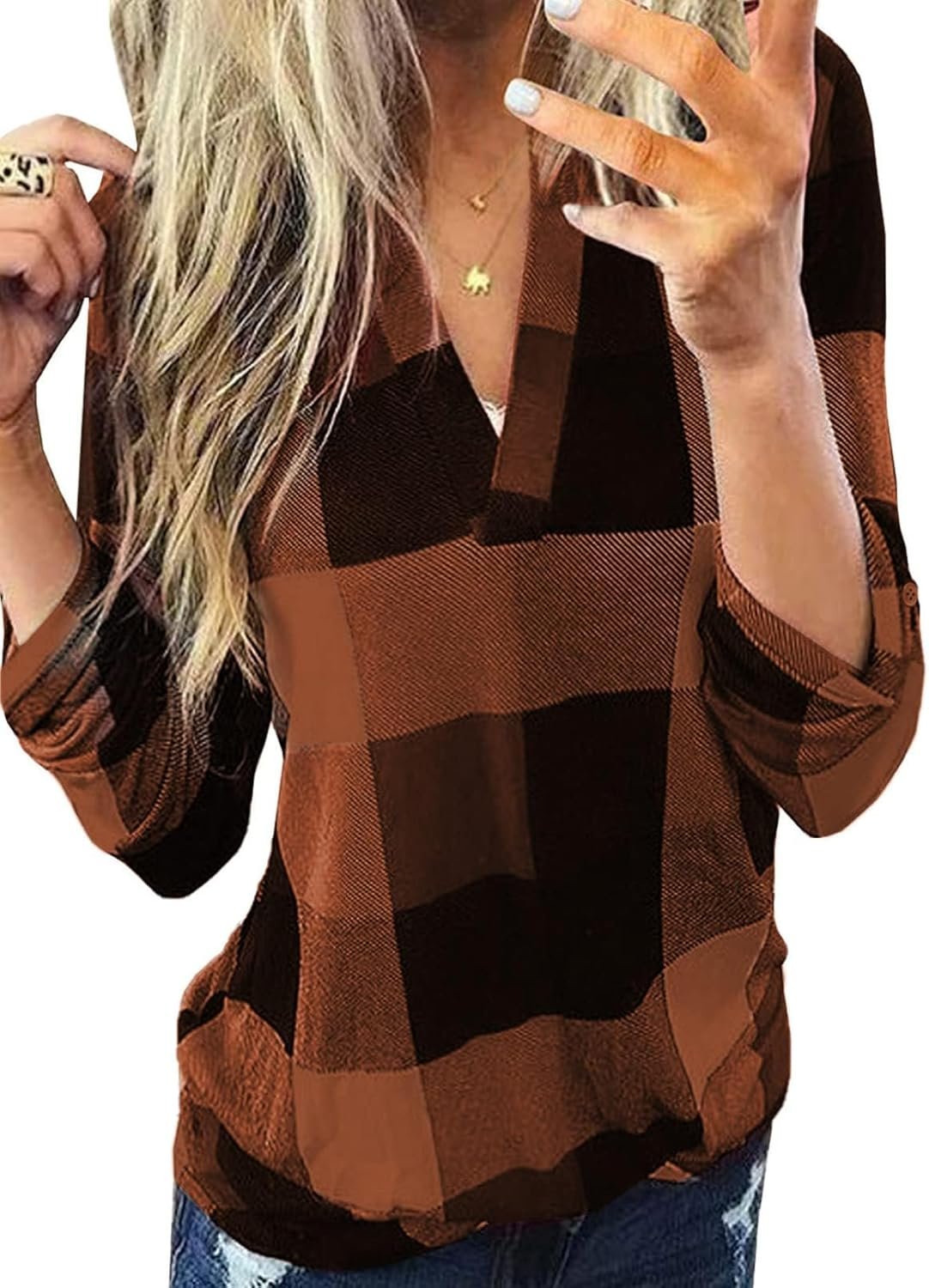 Dokotoo Womens Basic Casual V Neck Plaid Print Cuffed Long Sleeve Work Tops Blouses Shirts S-3XL - Image 6