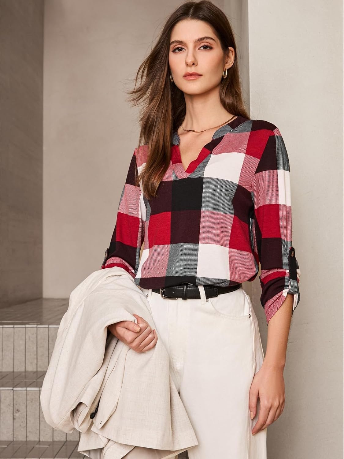Dokotoo Womens Basic Casual V Neck Plaid Print Cuffed Long Sleeve Work Tops Blouses Shirts S-3XL - Image 21