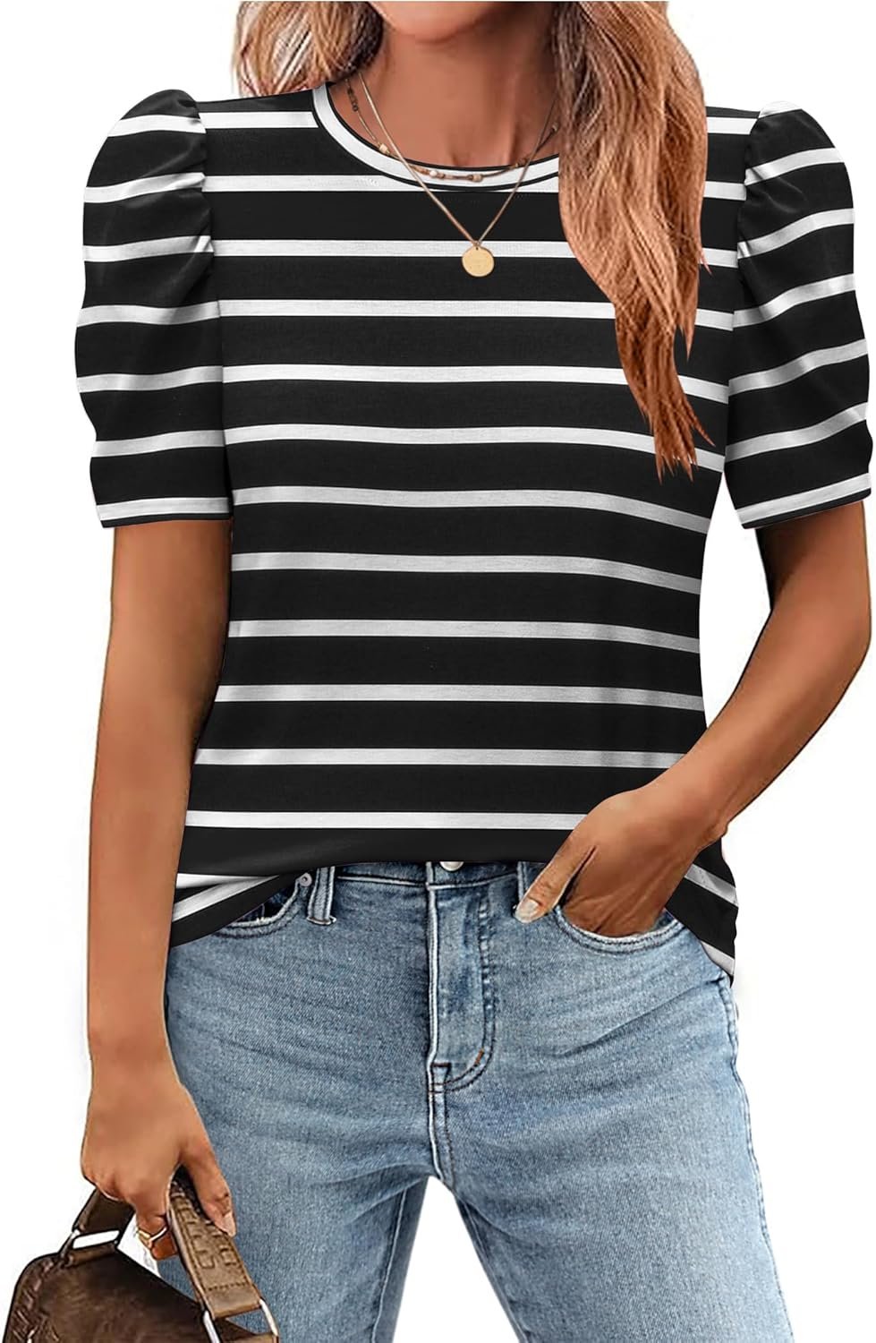 Zeagoo Blouse for Women Dressy Casual Puff Short Sleeve Boho Tops Fashion Floral Crew Neck Tunic Shirts Summer Clothes - Image 5